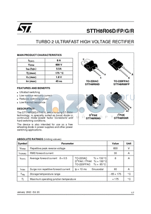 STTH8R06G datasheet - TURBO 2 ULTRAFAST HIGH VOLTAGE RECTIFIER