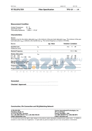 TFS121 datasheet - Filter Specification