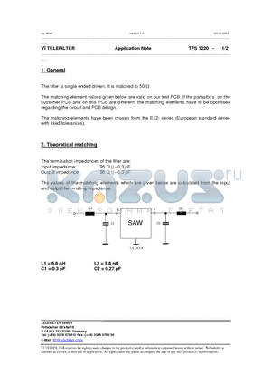 TFS1220 datasheet - The filter is single ended driven