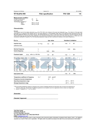 TFS1220 datasheet - Filter specification