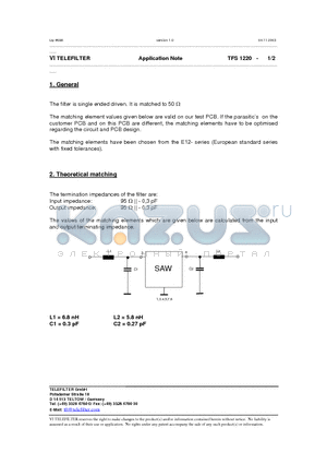 TFS1220_03 datasheet - The filter is single ended driven