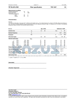 TFS1237 datasheet - Filter specification