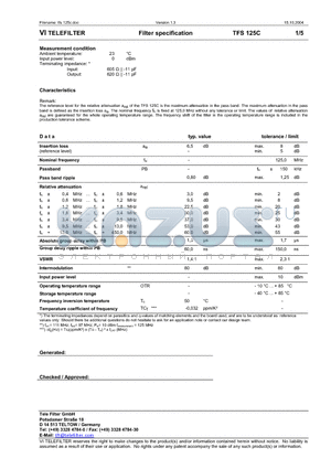 TFS125C datasheet - Filter specification