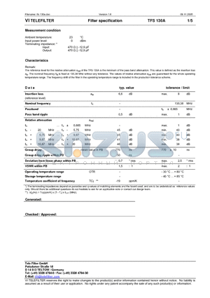 TFS130A datasheet - Filter specification