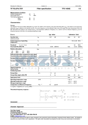 TFS140AE datasheet - Filter specification