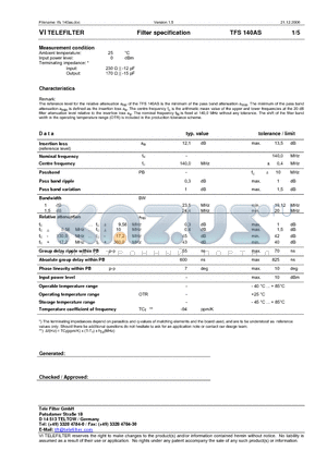 TFS140AS datasheet - Filter specification