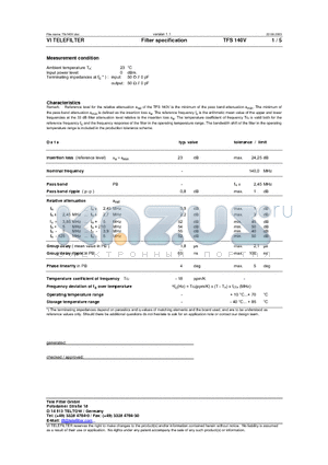 TFS140V datasheet - Filter specification