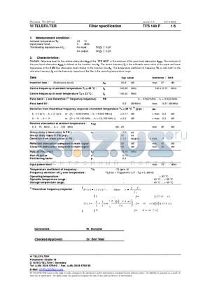 TFS140P datasheet - Filter specification