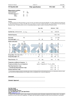 TFS140V datasheet - Filter specification