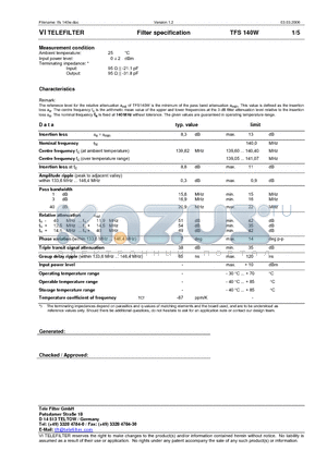 TFS140W datasheet - Filter specification