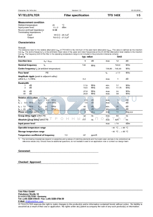 TFS140X_06 datasheet - Filter specification