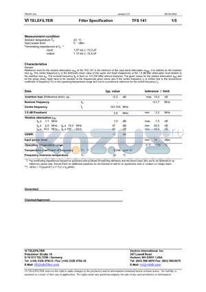 TFS141 datasheet - Filter Specification