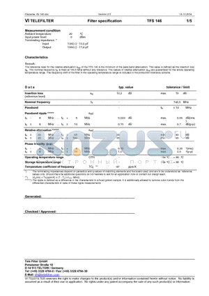 TFS146 datasheet - Filter specification