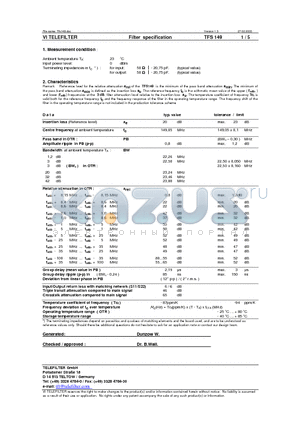 TFS149 datasheet - Filter specification