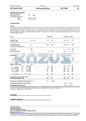 TFS150P datasheet - Filter specification