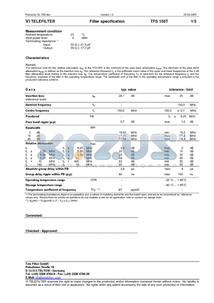 TFS150T datasheet - Filter specification