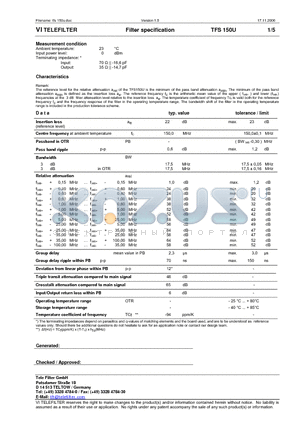 TFS150U datasheet - Filter specification