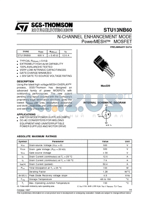 STU13NB60 datasheet - N-CHANNEL ENHANCEMENT MODE PowerMESH MOSFET