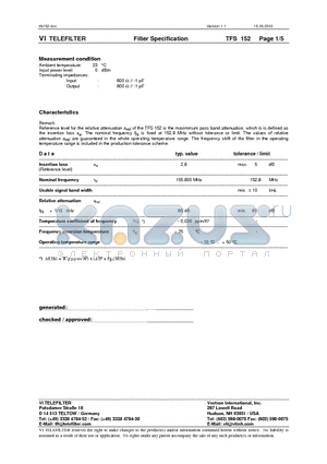 TFS152 datasheet - Filter Specification