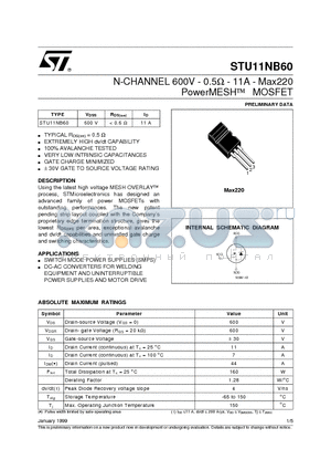 STU11NB60 datasheet - N-CHANNEL 600V - 0.5ohm - 11A - Max220 PowerMESH  MOSFET