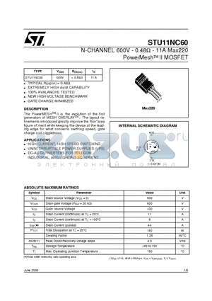 STU11NC60 datasheet - N-CHANNEL 600V - 0.48ohm - 11A Max220 PowerMeshII MOSFET