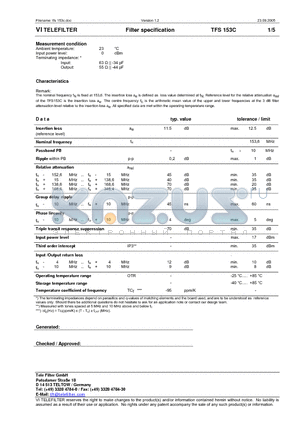 TFS153C datasheet - Filter specification