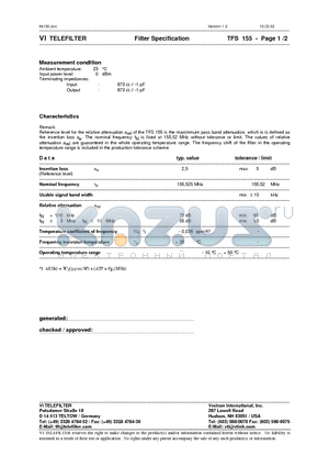 TFS155 datasheet - Filter Specification