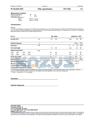 TFS1552 datasheet - Filter specification