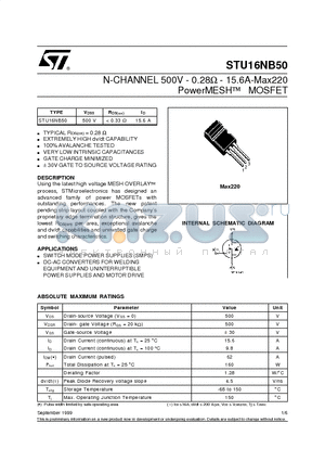 STU16NB50 datasheet - N-CHANNEL 500V - 0.28ohm - 15.6A-Max220 PowerMESH  MOSFET