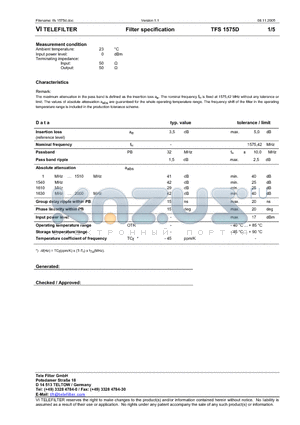 TFS1575D datasheet - Filter specification