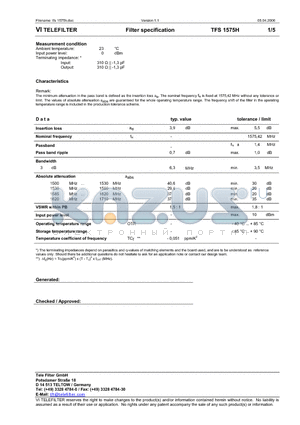 TFS1575H datasheet - Filter specification