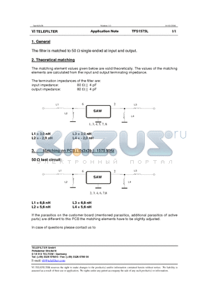 TFS1575L datasheet - The filter is matched to 50 Y single