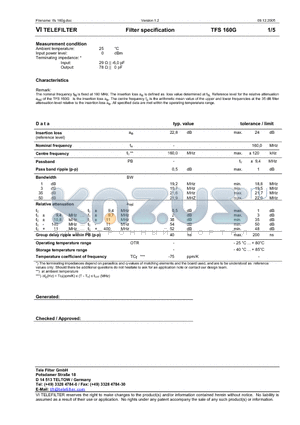 TFS160G datasheet - Filter specification