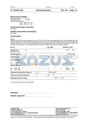 TFS167 datasheet - Filter Specification