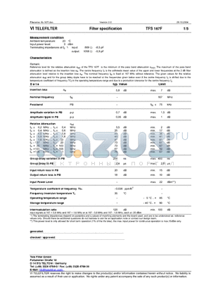 TFS167F datasheet - Filter specification