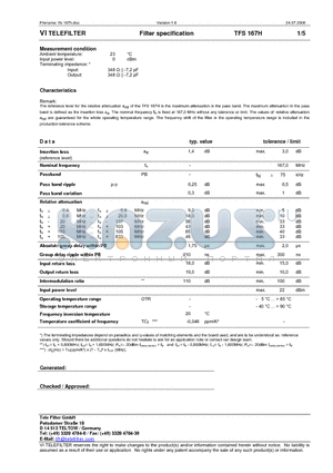 TFS167H_06 datasheet - Filter specification