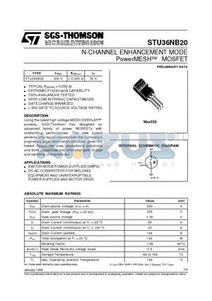 STU36NB20 datasheet - N-CHANNEL ENHANCEMENT MODE PowerMESH MOSFET