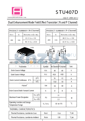 STU407D datasheet - Dual E nhancement Mode Field E ffect Transistor ( N and P Channel)