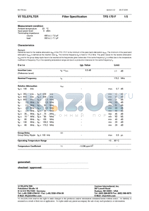 TFS170F datasheet - Filter Specification