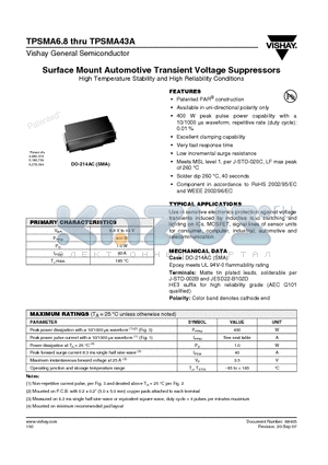 TPSMA10 datasheet - Surface Mount Automotive Transient Voltage Suppressors High Temperature Stability and High Reliability Conditions