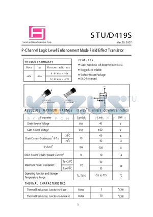 STU419S datasheet - P-Channel Logic Level EnhancementMode Field E ffect Transistor