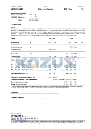 TFS172A datasheet - Filter specification