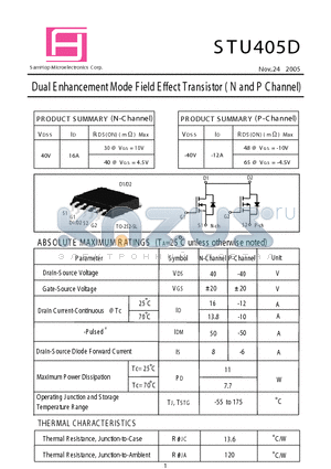 STU405D datasheet - Dual E nhancement Mode Field Effect Transistor (N and P Channel)
