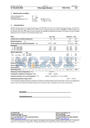 TFS171A datasheet - Filter Specification