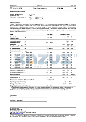 TFS174 datasheet - Filter Specification