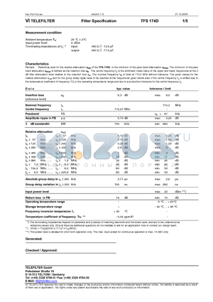 TFS174D datasheet - Filter Specification