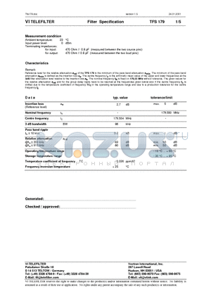 TFS179 datasheet - Filter Specification