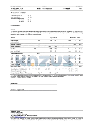 TFS1880 datasheet - Filter specification