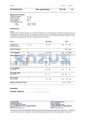 TFS190 datasheet - Filter specification