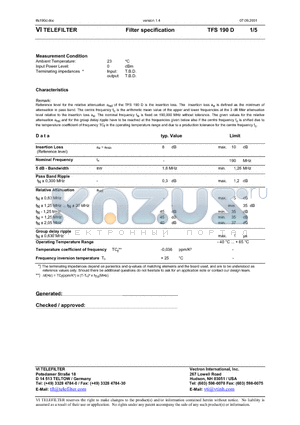 TFS190D datasheet - Filter specification